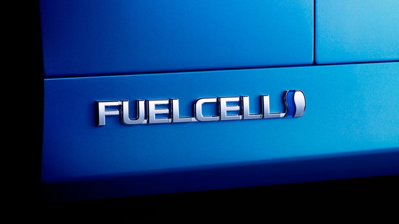 Toyota Mirai close up of fuel cell logo