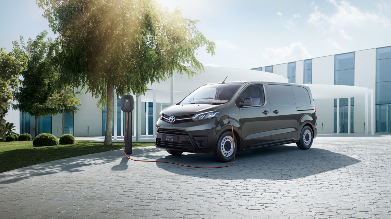 Falcon Grey Toyota Proace Electric side-on view being charged